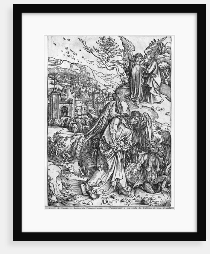 Scene from the Apocalypse, The angel holding the keys of the abyss and a big chain, enchains the dragon for a thousand years by Albrecht Dürer or Duerer