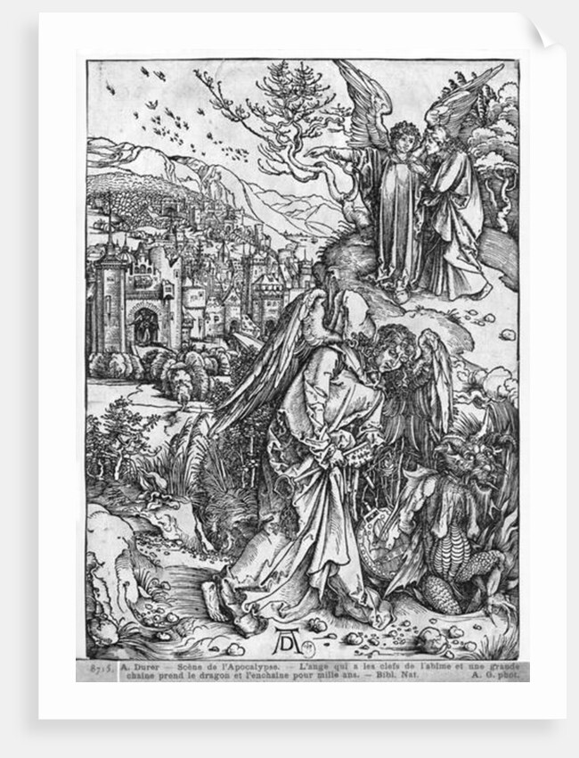 Scene from the Apocalypse, The angel holding the keys of the abyss and a big chain, enchains the dragon for a thousand years by Albrecht Dürer or Duerer