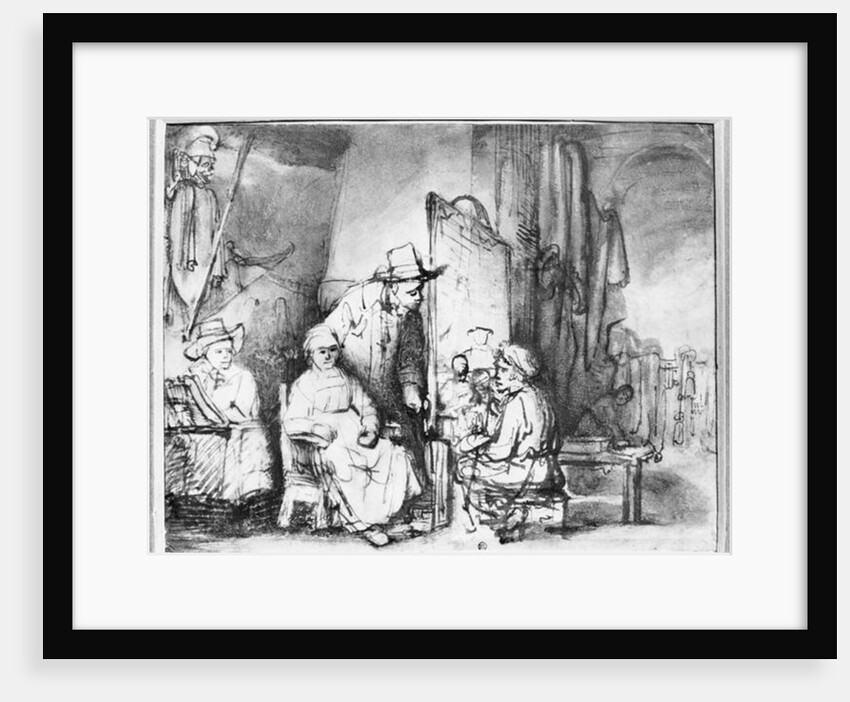 Interior of a studio with a painter painting the portrait of a couple by Rembrandt Harmensz. van Rijn