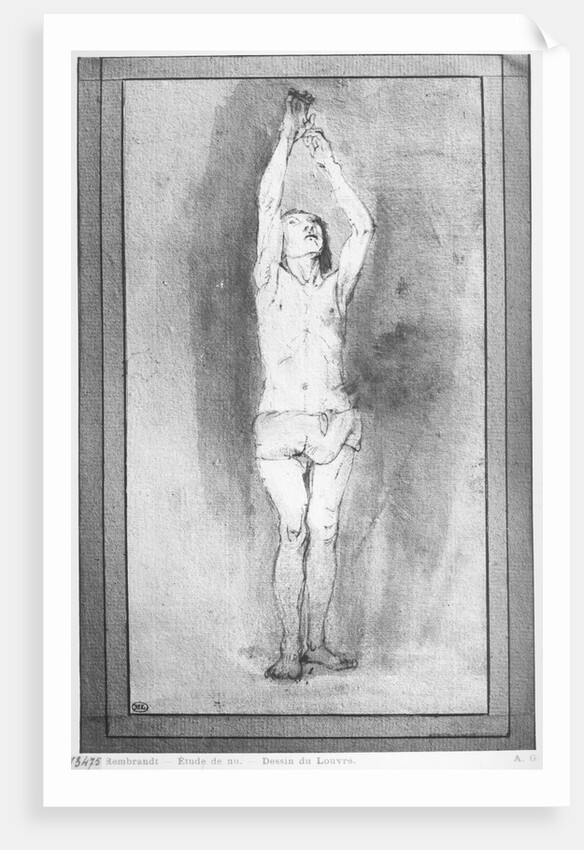Young boy with a loincloth, both hands hanged on a small bar by Rembrandt Harmensz. van Rijn