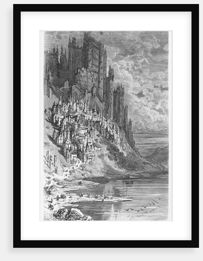 Fantasy landscape with town and castle by Gustave Dore