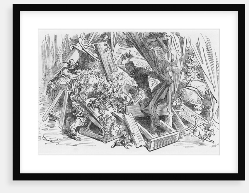 Don Quixote fighting the puppets by Gustave Dore