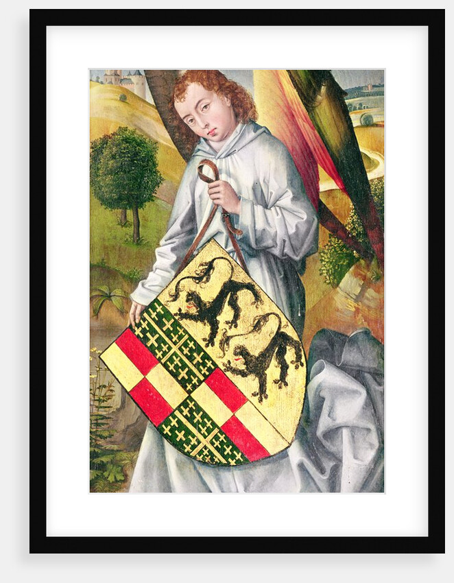 Angel holding a shield with the heraldic arms of de Chaugy and Montagu families with the two leopards of the de Jaucourt family, 1460-66 by Rogier van der (attr. to) Weyden