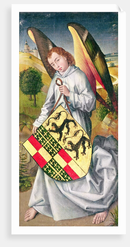 Angel holding a shield with the heraldic arms of de Chaugy and Montagu families with the two leopards of the de Jaucourt family, 1460-66 by Rogier van der (attr. to) Weyden