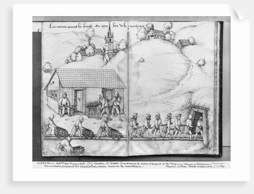 Silver mine of La Croix-aux-Mines, Lorraine, fol.10v and fol.11r, miners pushing trucks, c.1530 by Heinrich Gross or Groff