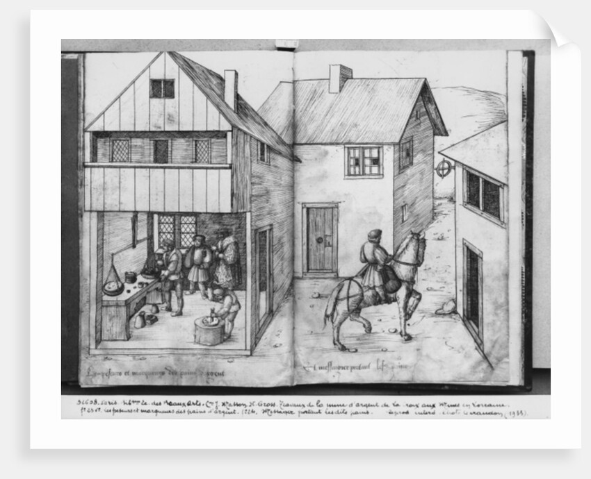 Silver mine of La Croix-aux-Mines, Lorraine, fol.23v and fol.24r, weighing and stamping the silver ingots, a messenger carrying the ingots, c.1530 by Heinrich Gross or Groff