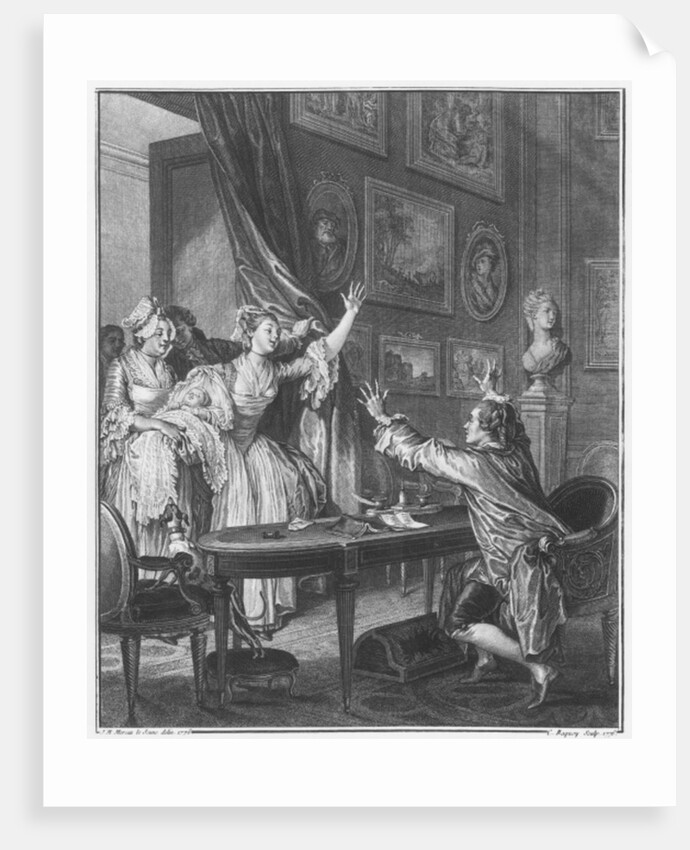 It's a boy, engraved by Pierre Charles Baquoy 1776 by Jean Michel the Younger (after) Moreau