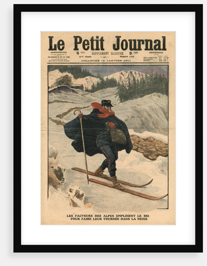 Alpine postmen using ski during their rounds in the snow, 1911 by French School