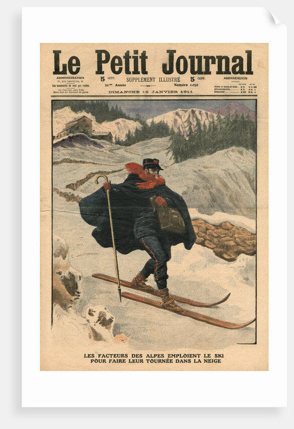Alpine postmen using ski during their rounds in the snow, 1911 by French School