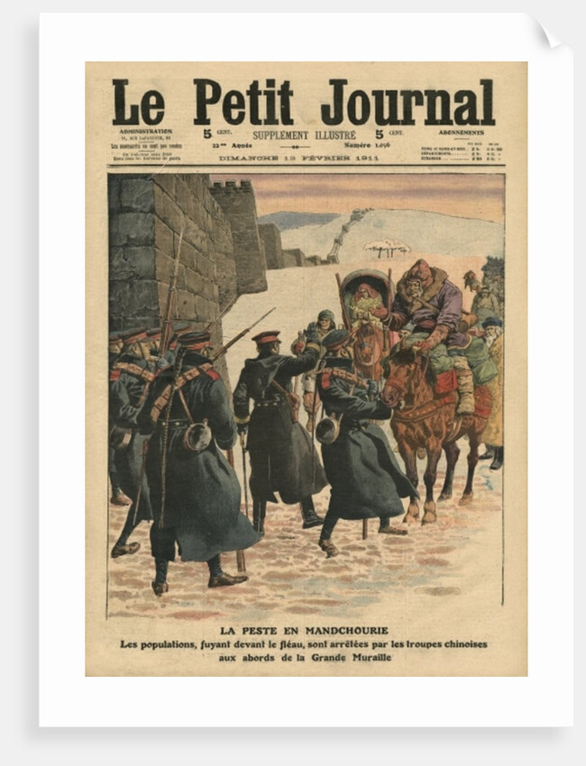 Plague in Manchuria, people fleeing the plague are stopped by Chinese troops before the Great Wall by French School