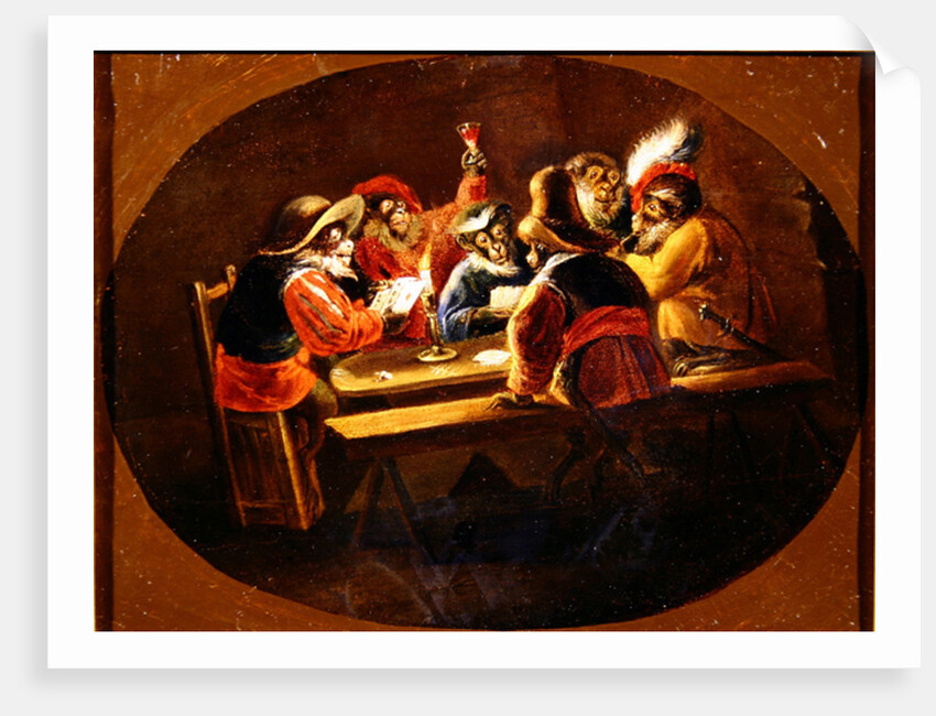 Monkeys dressed as soldiers playing cards and carousing by David the Younger (after) Teniers