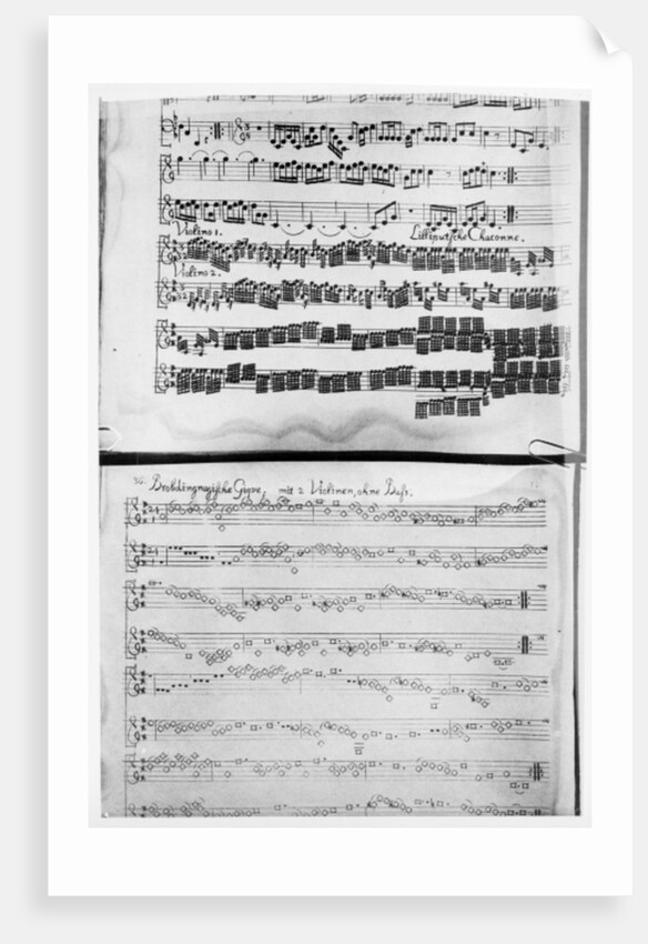 Score for Telemann's Suite for two violins, the 'Gulliver Suite', including the 'Chaconne of the Lilliputians', printed in Hamburg in 1728 by German School