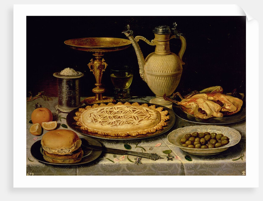 Still life with a tart, roast chicken, bread, rice and olives, 17th century by Clara Peeters
