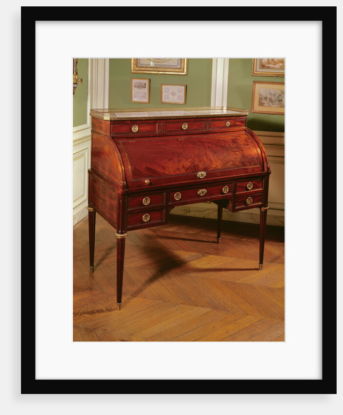 Louis XVI cylinder-top mahogany-veneered Bureau with gilt bronze mounts, Carrara marble top flanked by candelabrum by Jean-Henri Riesener
