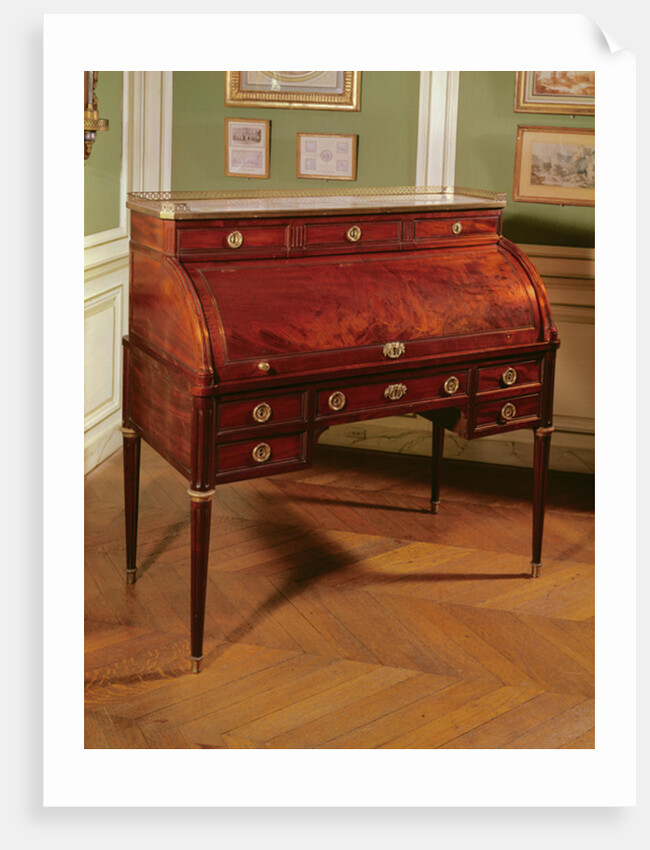 Louis XVI cylinder-top mahogany-veneered Bureau with gilt bronze mounts, Carrara marble top flanked by candelabrum by Jean-Henri Riesener