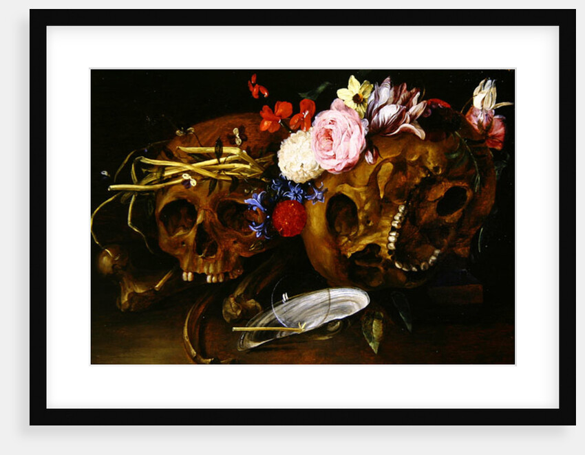 Vanitas Still Life with Skulls, Flowers, a pearl mussel shell, a bubble and straw by Nicolaes van Veerendael