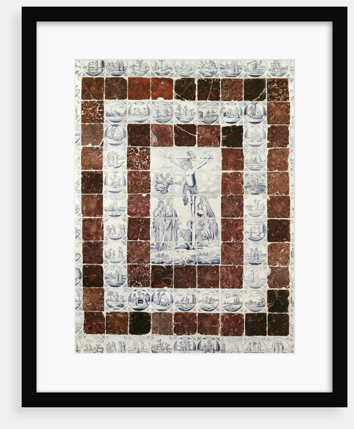 Delft tiles depicting the Crucifixion with a border of tiles with scenes from the Old and New Testaments by Dutch School