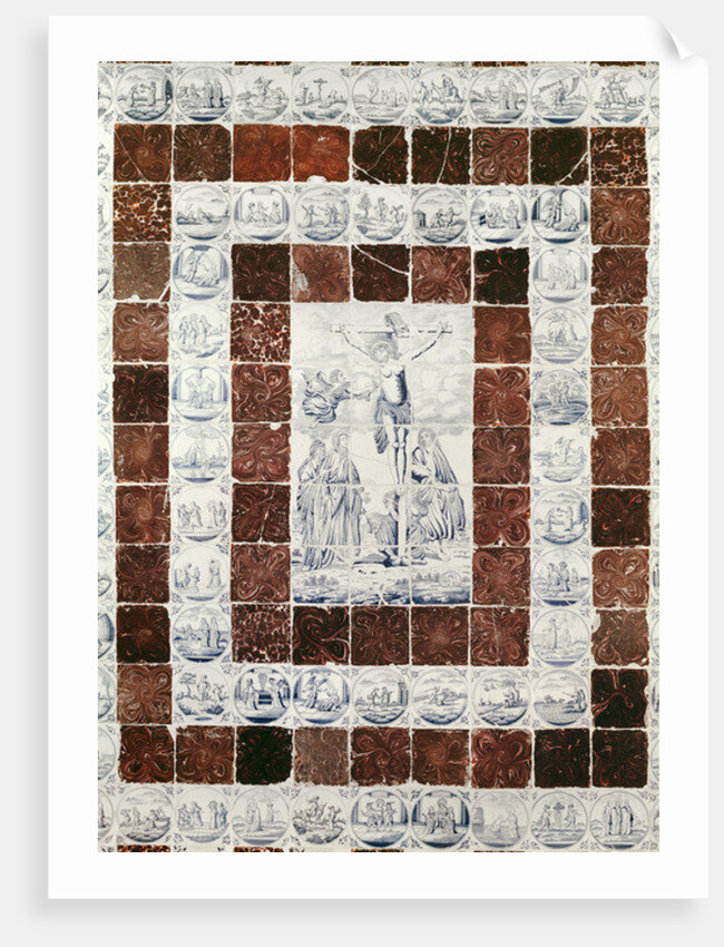 Delft tiles depicting the Crucifixion with a border of tiles with scenes from the Old and New Testaments by Dutch School