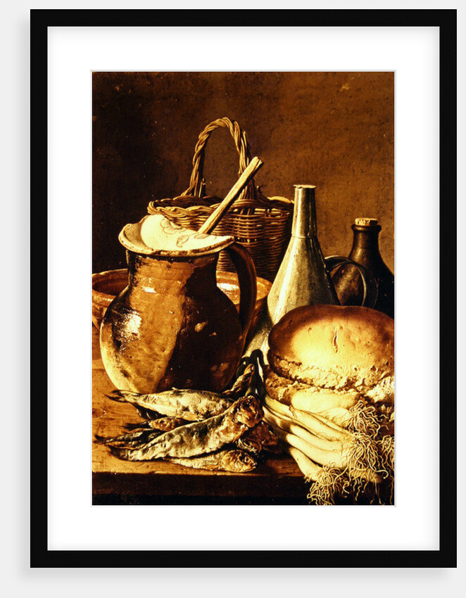 Still Life with bread, fishes and leeks by Luis Egidio Menendez or Melendez