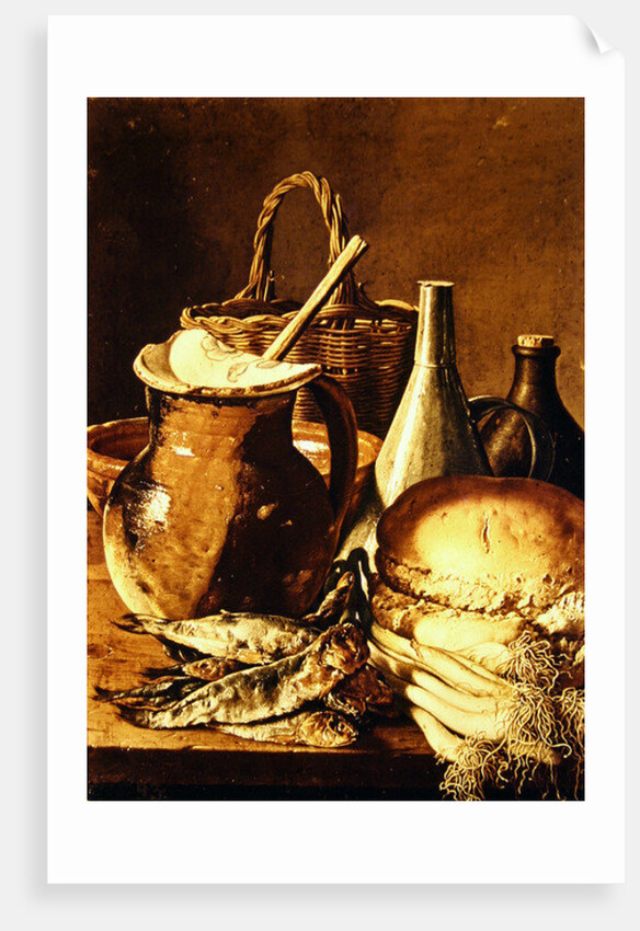 Still Life with bread, fishes and leeks by Luis Egidio Menendez or Melendez