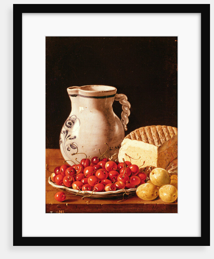 Still Life with cherries, cheese and greengagese, 18th century by Luis Egidio Menendez or Melendez