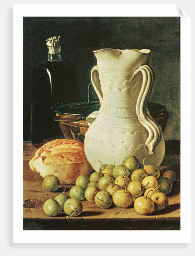 Still Life with bread, greengages and pitcher by Luis Egidio Menendez or Melendez