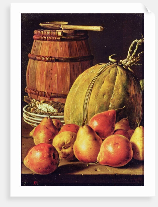 Still Life with pears, melon and barrel for marinading by Luis Egidio Menendez or Melendez