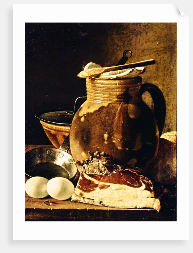 Still Life with ham, eggs, bread, frying pan and pitcher by Luis Egidio Menendez or Melendez