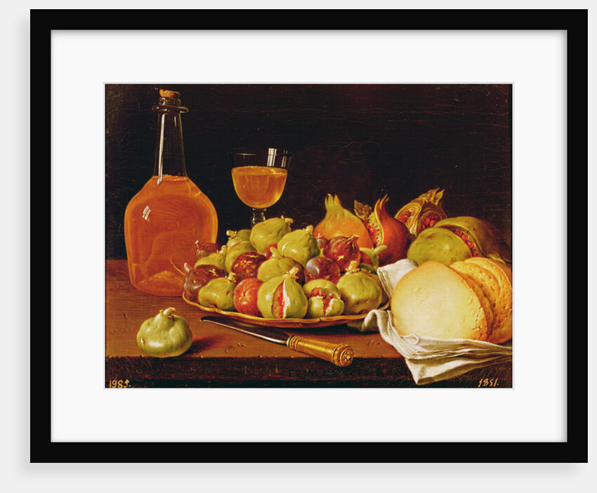 Still Life with a plate of figs and pomegranates, bread and wine by Luis Egidio Menendez or Melendez