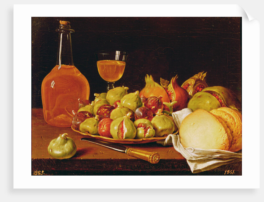 Still Life with a plate of figs and pomegranates, bread and wine by Luis Egidio Menendez or Melendez