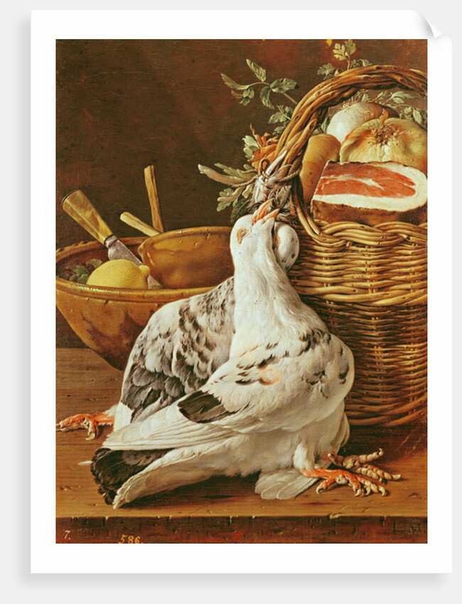 Still Life with pigeons, wicker basket, ham, onions and a lemon by Luis Egidio Menendez or Melendez