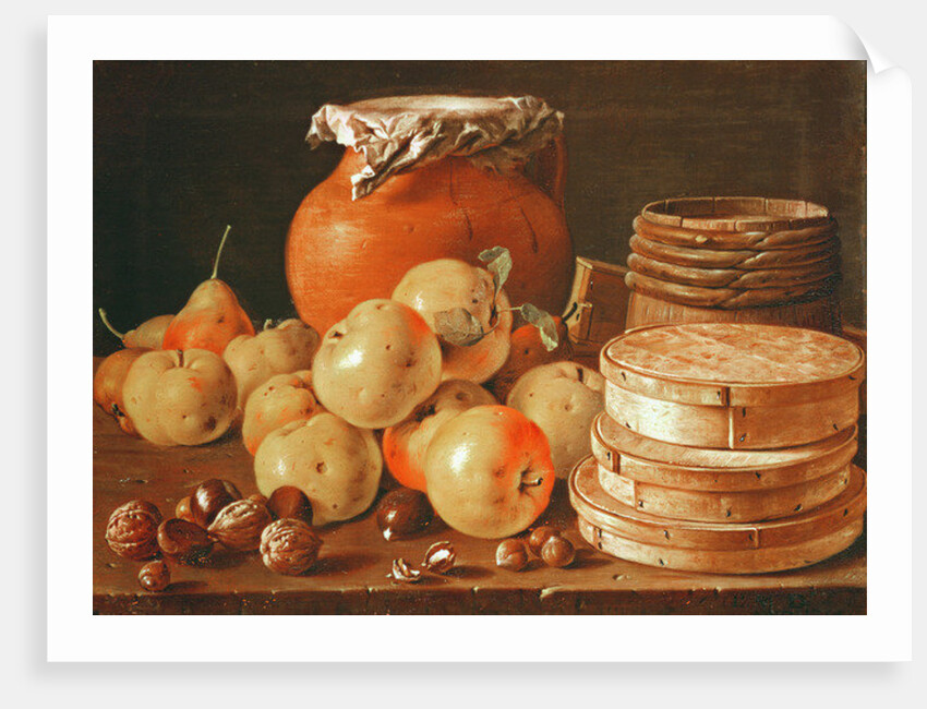 Still Life with apples, nuts, pears, and boxes of sweets by Luis Egidio Menendez or Melendez
