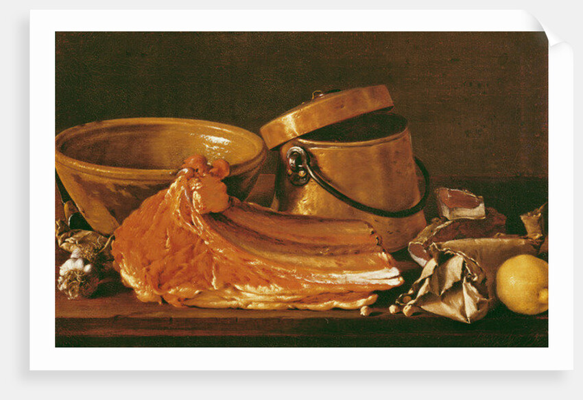 Still Life with meat, cooking pots, chickpeas, a lemon and garlic by Luis Egidio Menendez or Melendez