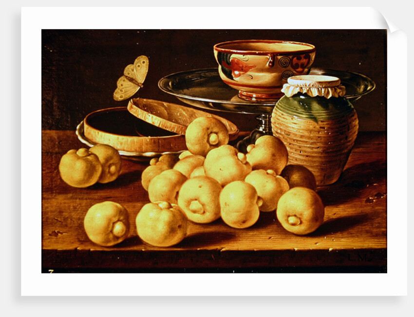 Still life with quinces, a silver fruit dish, bowls. a box for sweets and a butterfly by Luis Egidio Menendez or Melendez