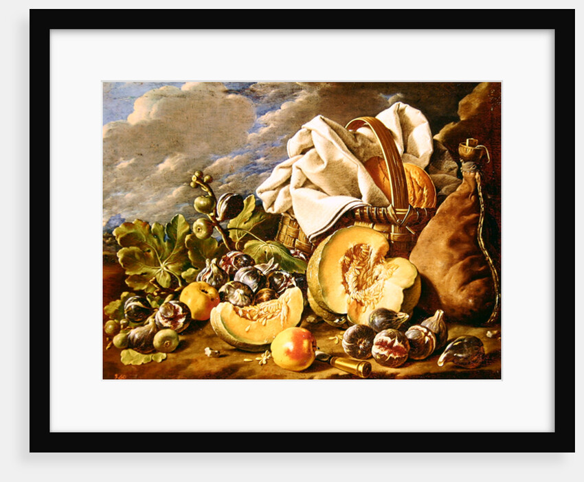 Still Life with figs, wicker basket, pumpkin, bread, wine skin and knife by Luis Egidio Menendez or Melendez