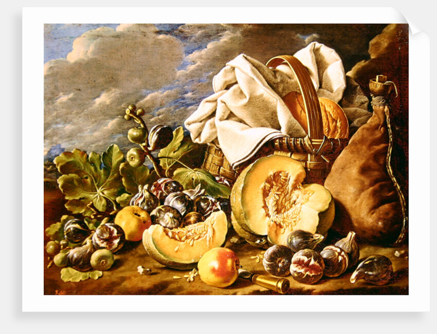 Still Life with figs, wicker basket, pumpkin, bread, wine skin and knife by Luis Egidio Menendez or Melendez