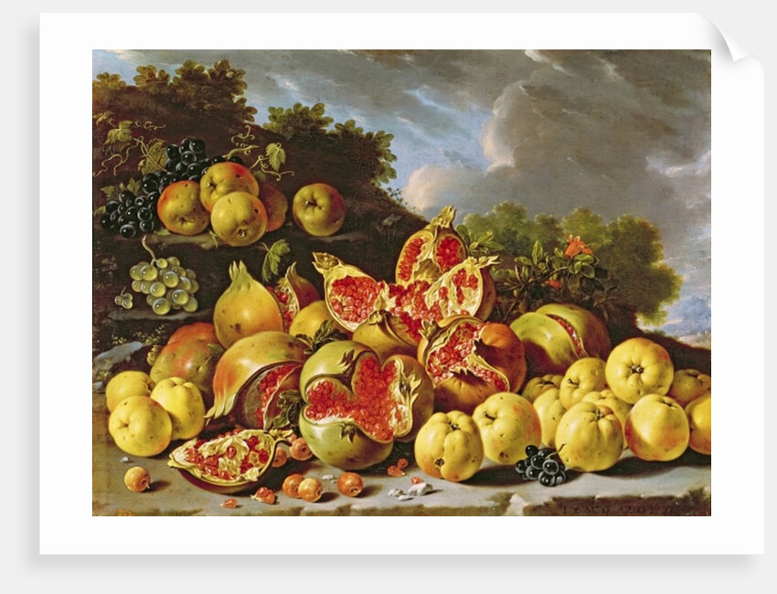 Still Life with pomegranates, apples, cherries and grapes by Luis Egidio Menendez or Melendez