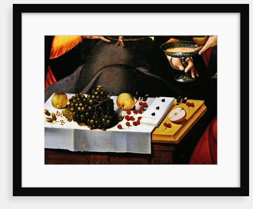 Fruits, playing cards and cup of a gallant scene. Detail of The Prodigal Child in Courtesanes by Flemish School