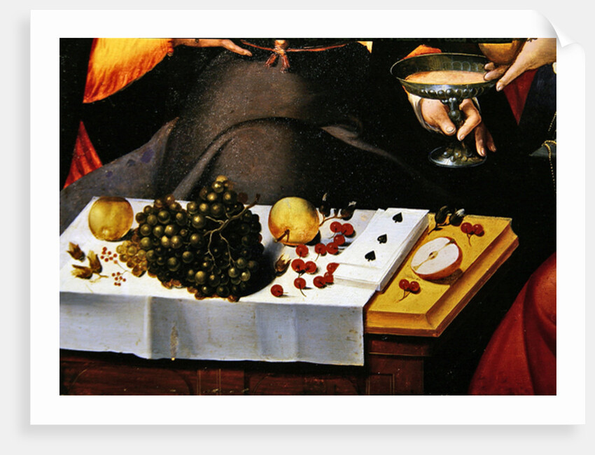 Fruits, playing cards and cup of a gallant scene. Detail of The Prodigal Child in Courtesanes by Flemish School