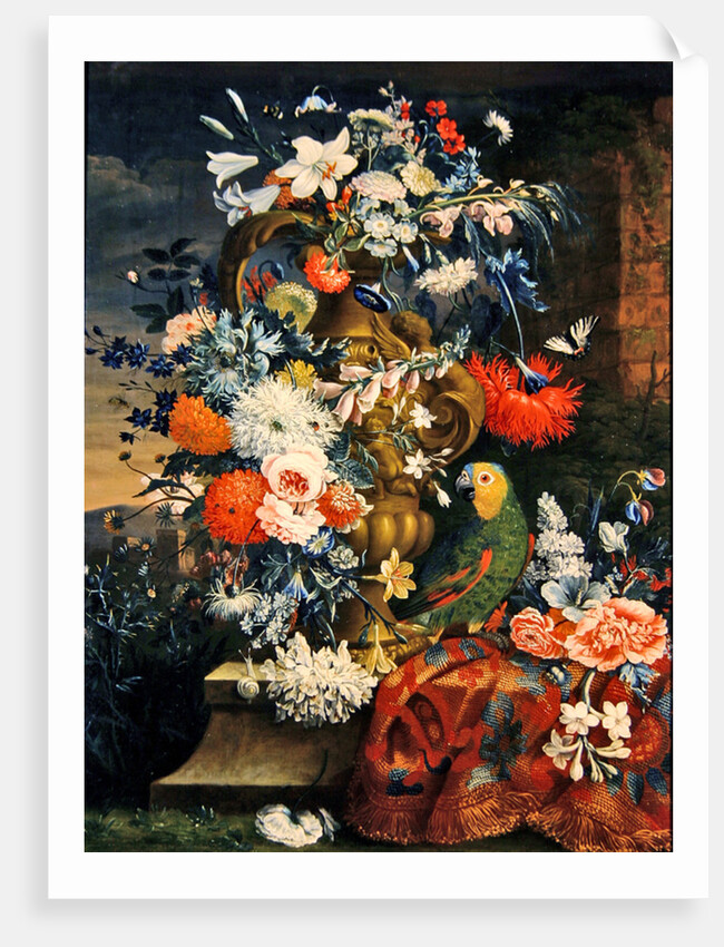 Bouquet of flowers and a parrot by Jean Picart