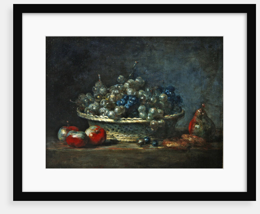 Still life: grape basket with three apples, a pear and two marzipans, 1764 by Jean-Baptiste Simeon Chardin