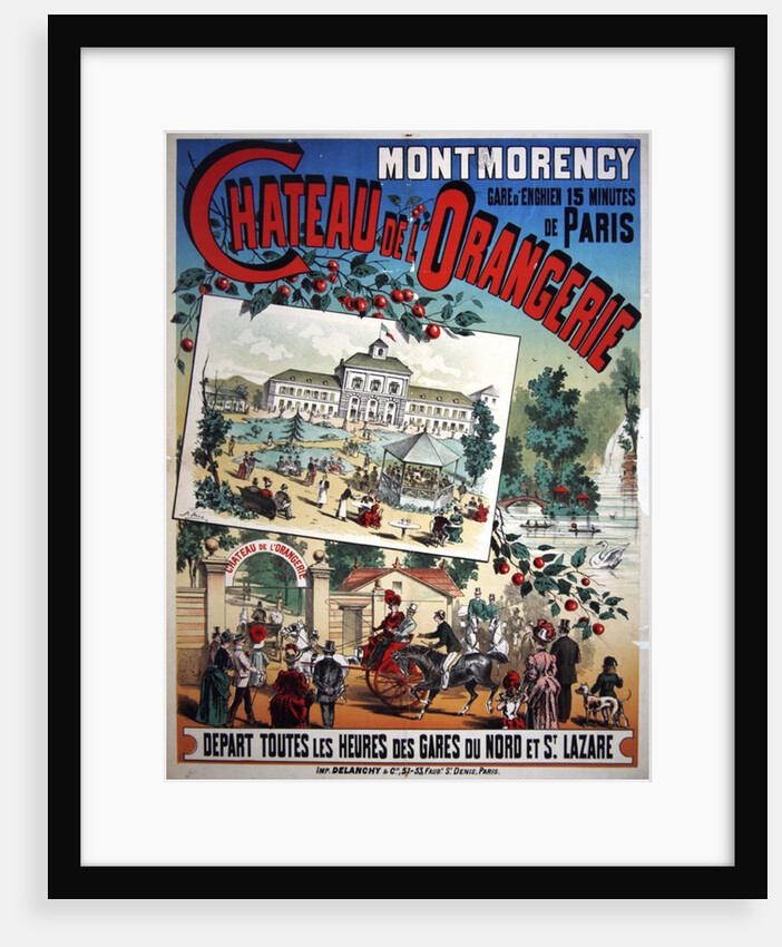 Travel poster advertising trips by train from Paris to the 'Chateau de l'Orangerie' at Montmorency, 1887 by French School