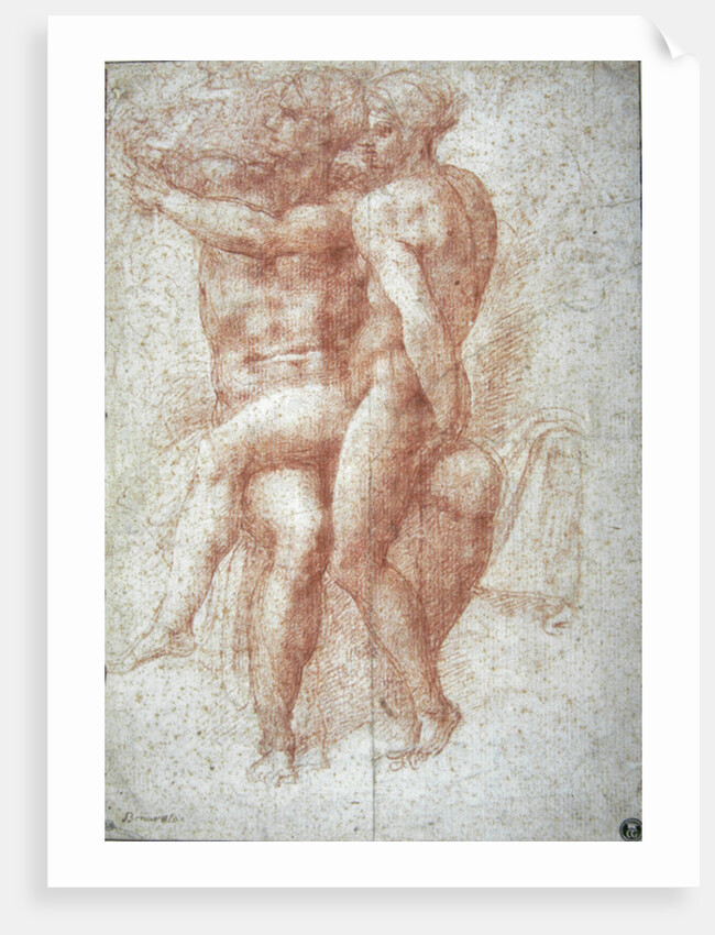 Nude female seated on the knees of a seated male nude: Adam and Eve by Michelangelo Buonarroti