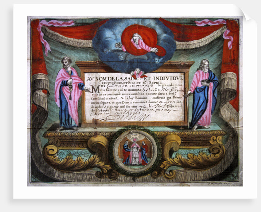 Marriage Certificate for Claude Monnard issued at Lyon in 1672 by French School