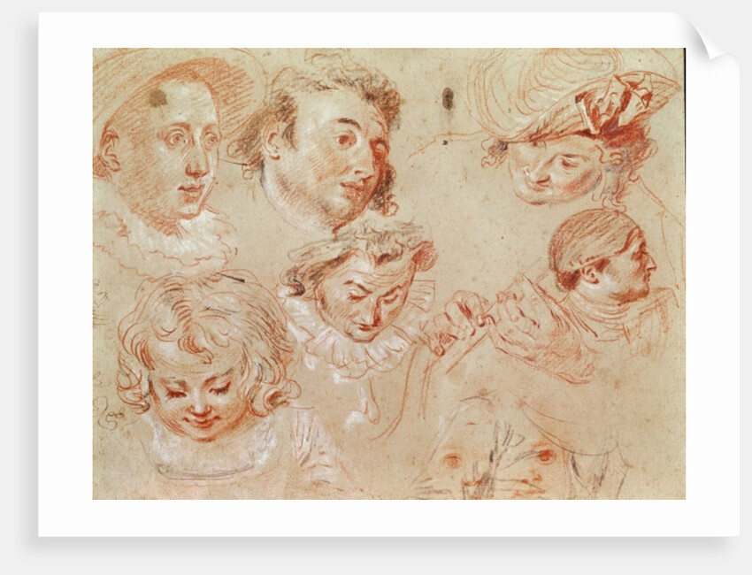 Six heads and two hands playing a musical instrument by Jean Antoine Watteau