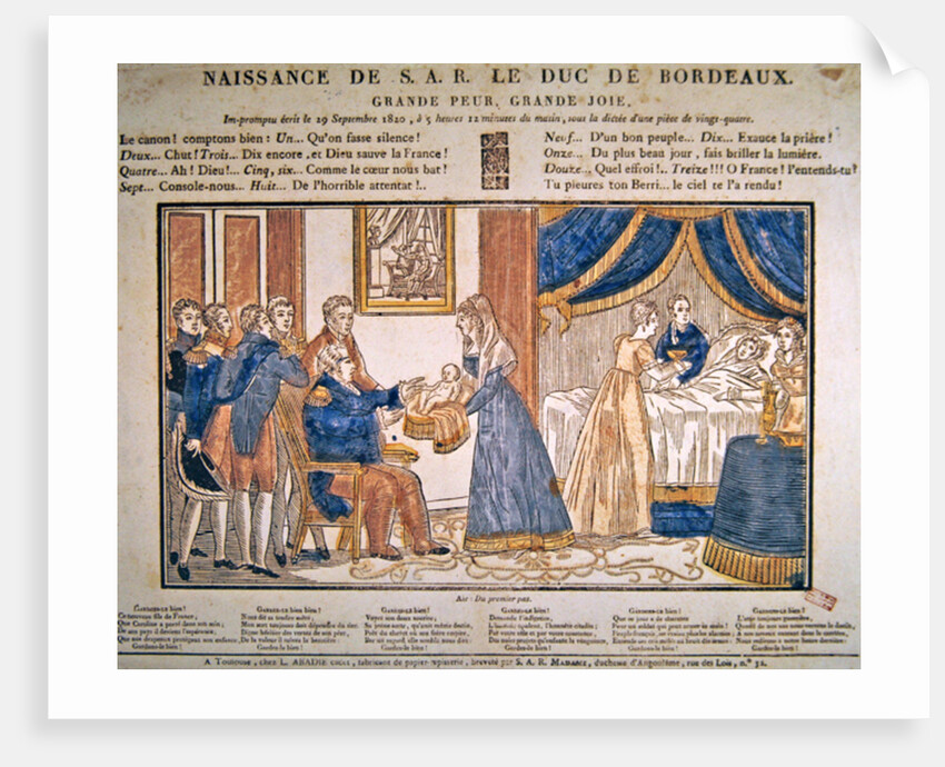 The birth of Henri Charles Ferdinand Marie Dieudonne de France, Duc de Bordeaux, Comte de Chambord on 29 September, 1820 by French School