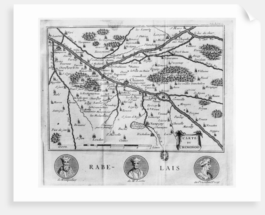 Map of the region of Chinon related to the works of Francois Rabelais, published in 1725 by French School