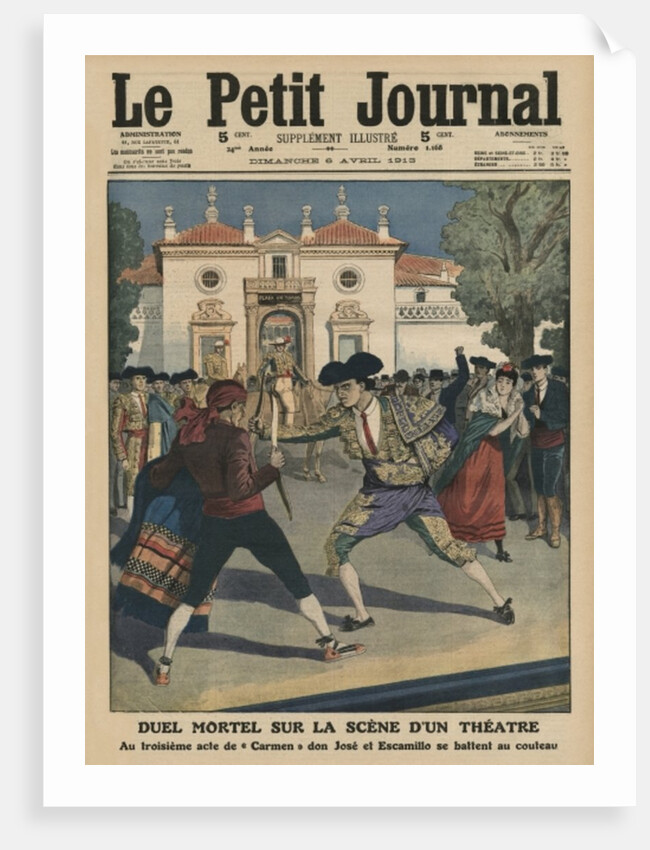 Fatal duel on the stage of a Spanish theatre during the third act of the opera 'Carmen' by French School