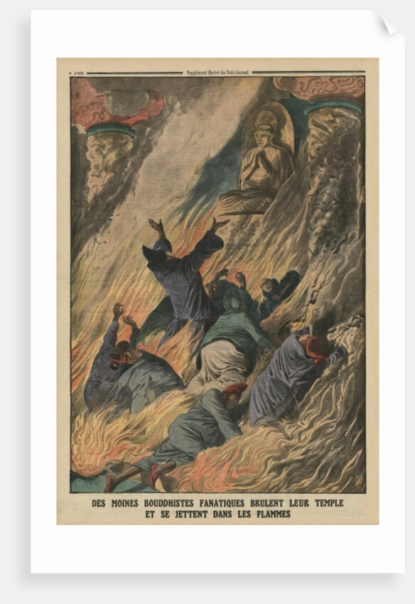 Fanatic Buddhist monks set their temple on fire and throw themselves into the flames, Island of Formosa by French School