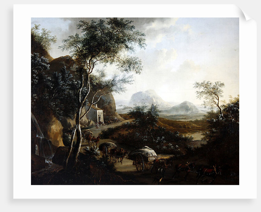 Landscape with a convoy of horses and carts by Frederick de Moucheron